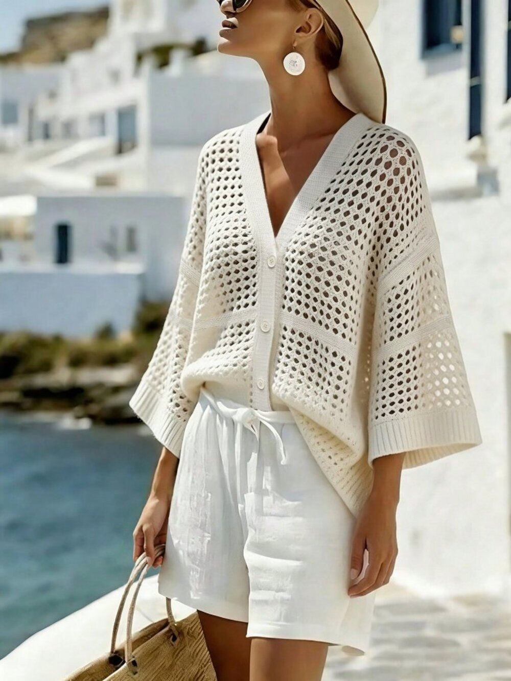 Beige Boho Women's V-Neck Sleeveless Hollow Mesh Thin Loose Cardigan